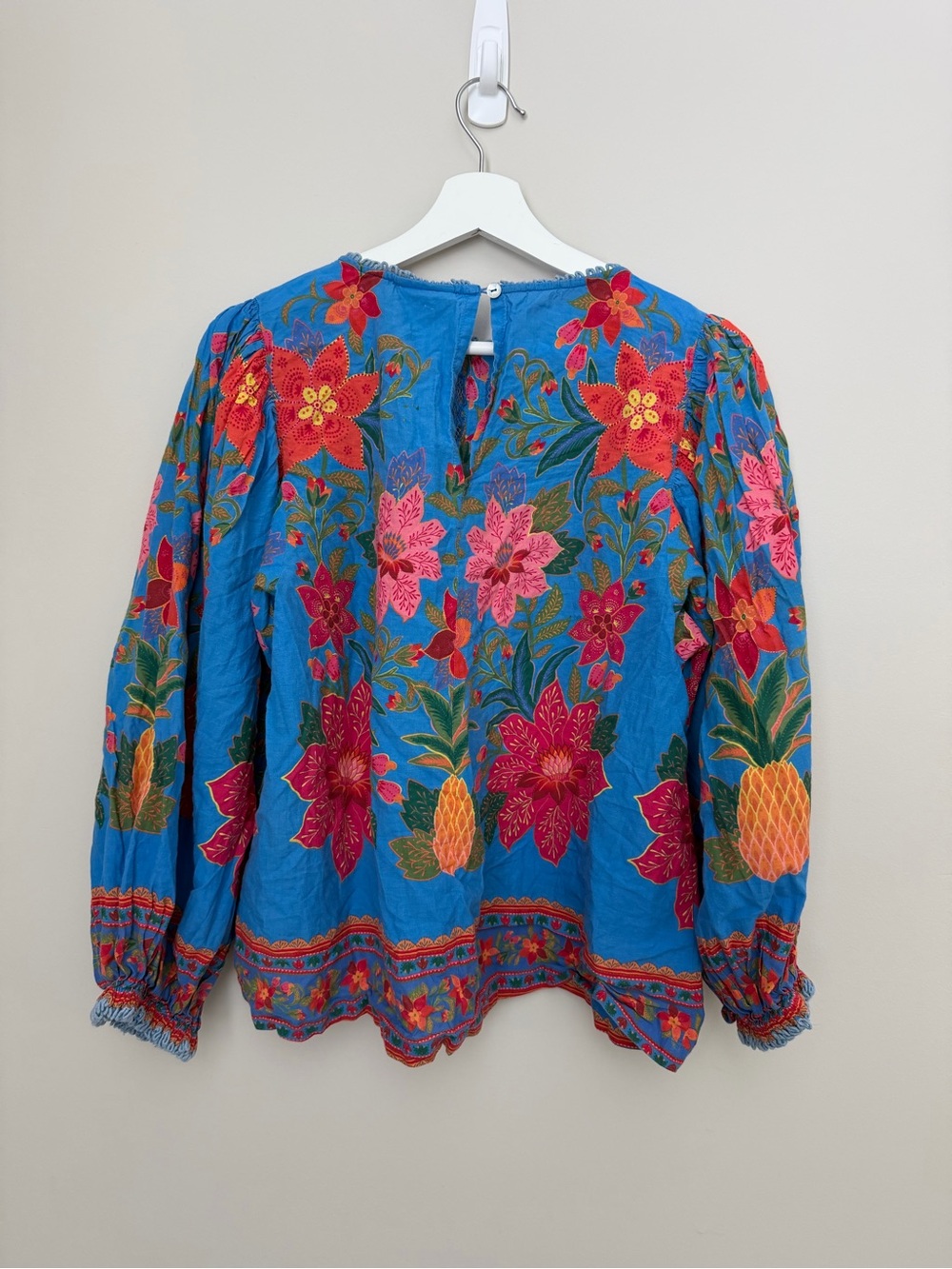 farm rio blue floral Blouse Bubble Sleeve With Tassels Tropical Island Beach - Picture 7 of 12